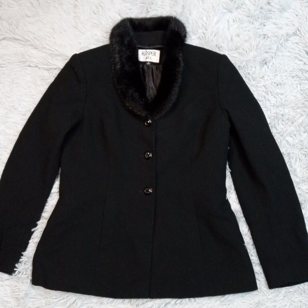 Vintage Kasper‎ Jacket Womens 6 Black Wool Coat Removable Faux Fur Trim Lined